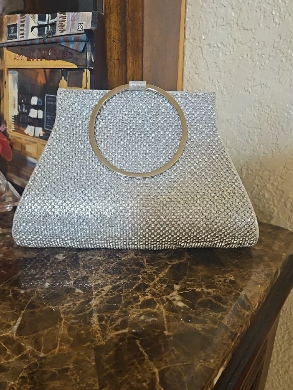 New Rhinestone Ring-Handle Silver Evening Clutch